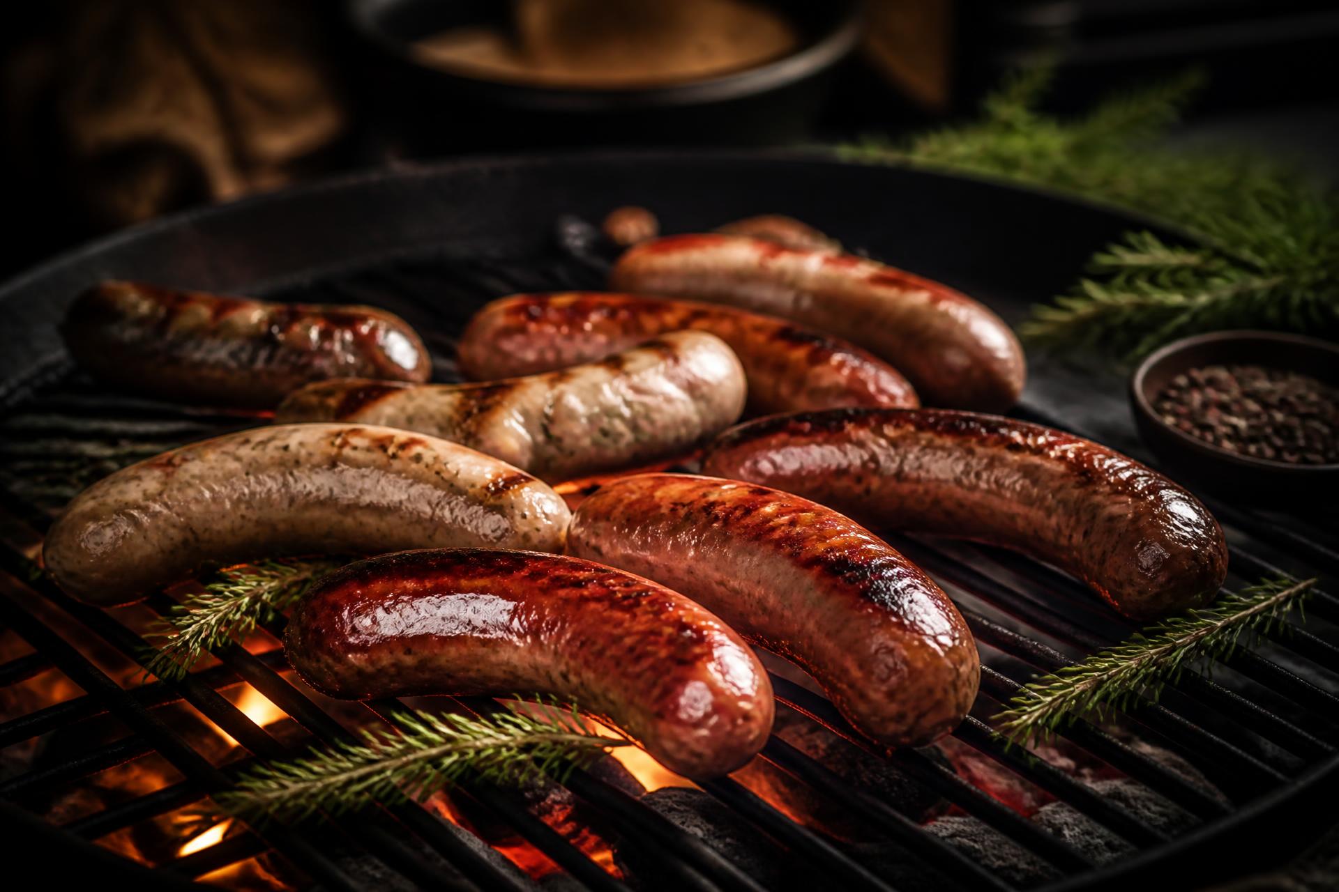 Gourmet grilled sausages on a hot cast iron grill with flames